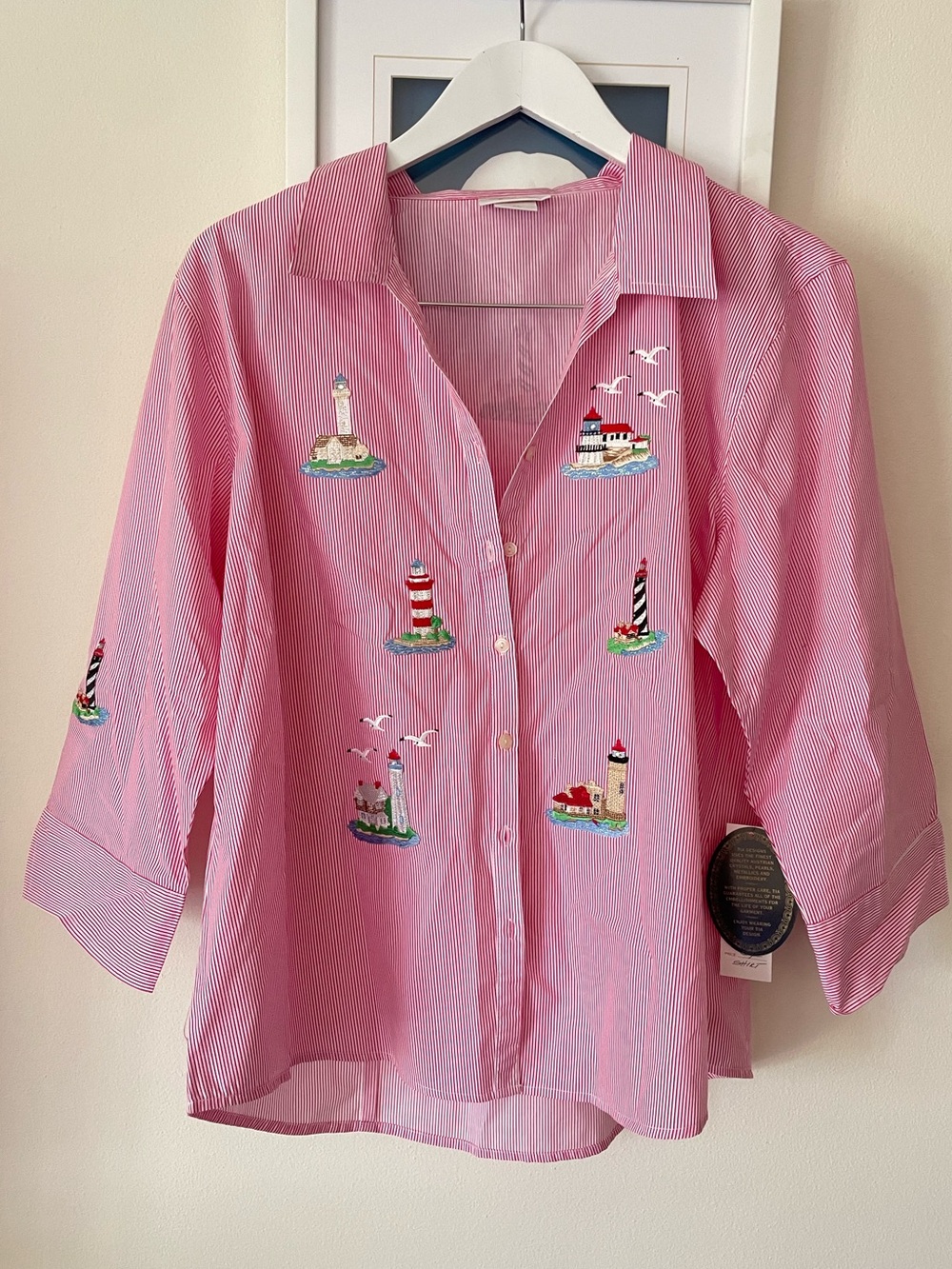 Tia Designs Button Down Stripe Embroidered Lighthouse Shirt Blouse Top XL New